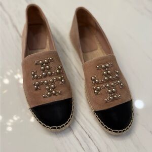 Tory Burch Pearl Embellished Tan and Black Espadrilles